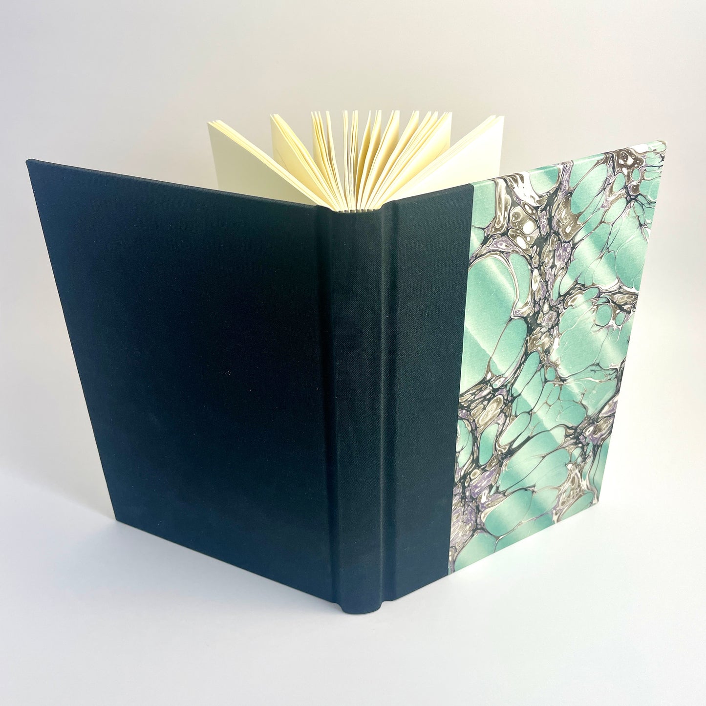 Journal, Black Linen, Green Marbled Paper