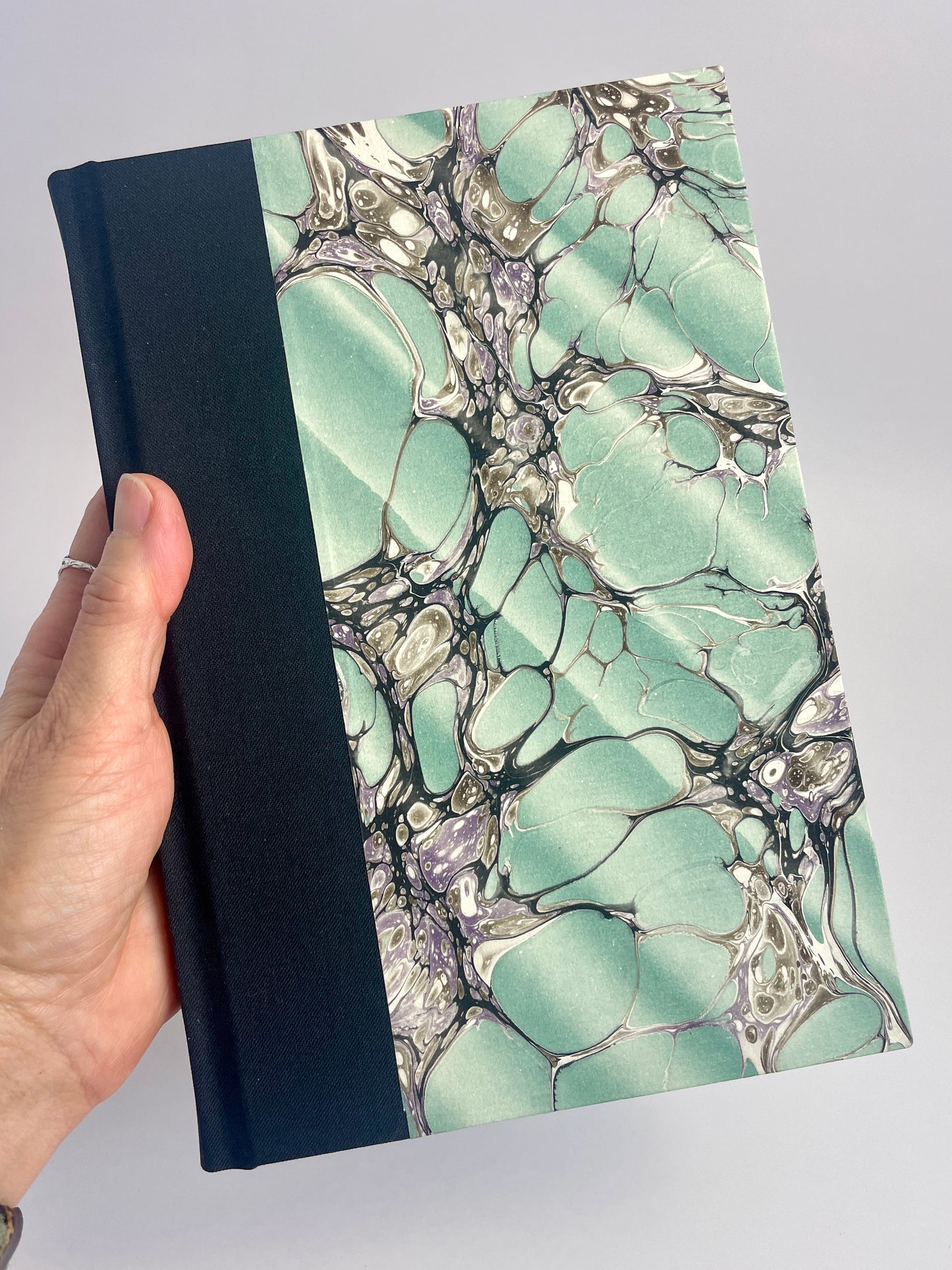 Journal, Black Linen, Green Marbled Paper